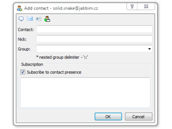Скриншот меню подписки и диалога добавления контакта